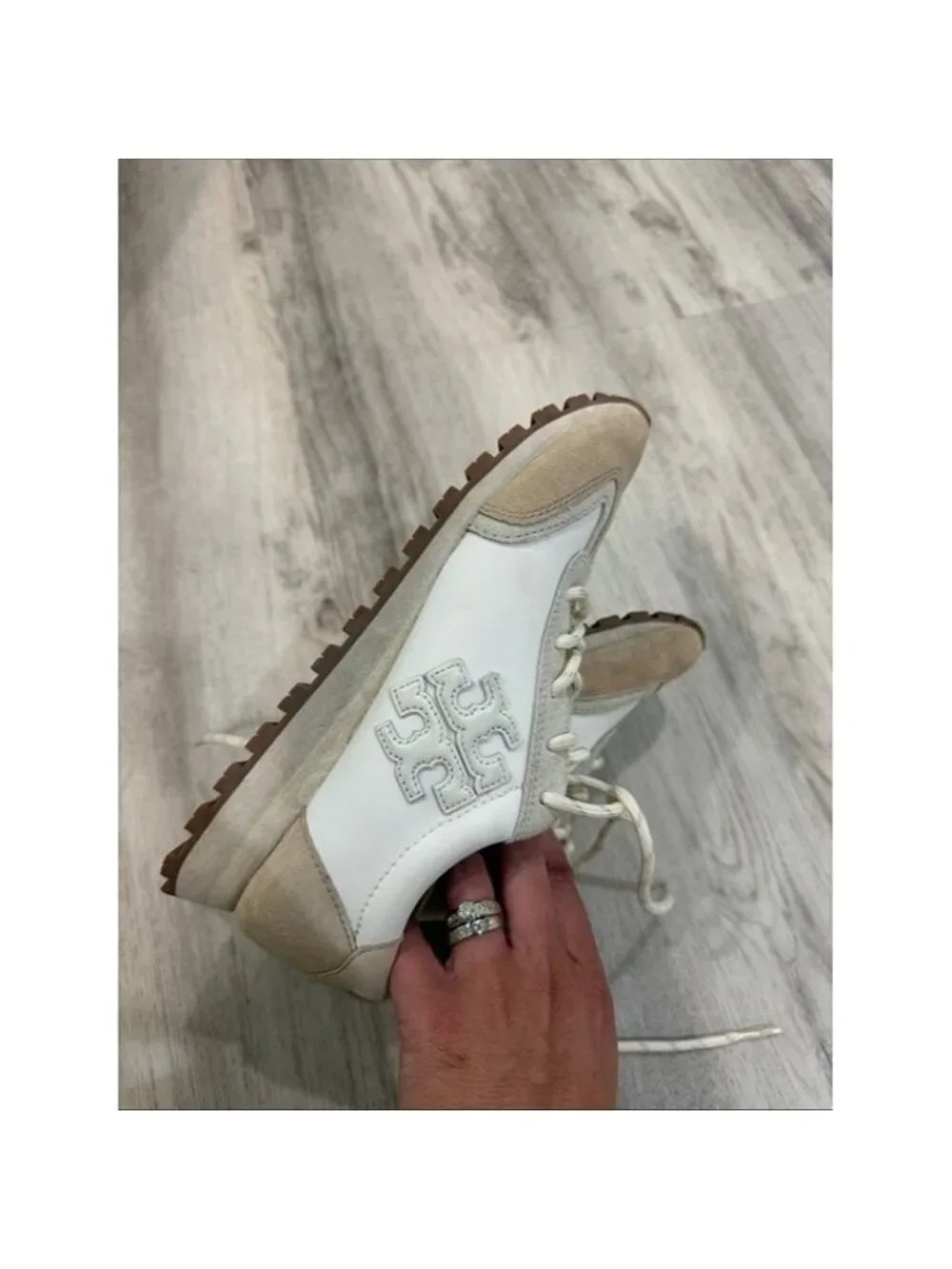 Tory Burch Destiny Trainer  Casual Suede-Trim Sneakers in Beige and White size 6